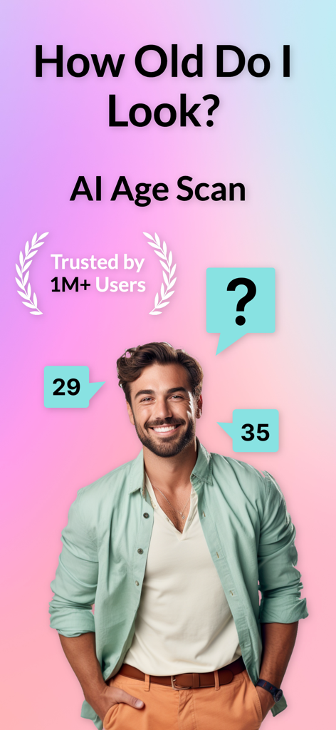How Old Do I Look? AI Scanner - How Old Do I Look AI Scanner app showing predicted age results for a smiling man