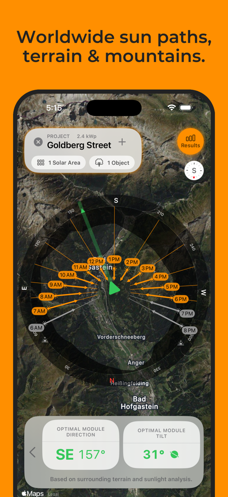 Solartelligent: PV Planner - Solartelligent app screen displaying sun path analysis and optimal solar module tilt and direction on a satellite terrain map.