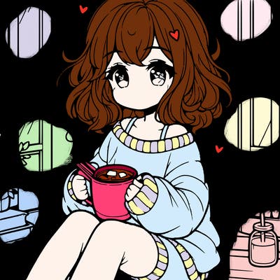 cute anime girl reading book and drinking hot chocolate from mug with loose wavy hair wearing a baggy sweatshirt and shorts sitting by windowsill looking out