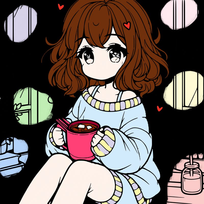 cute anime girl reading book and drinking hot chocolate from mug with loose wavy hair wearing a baggy sweatshirt and shorts sitting by windowsill looking out