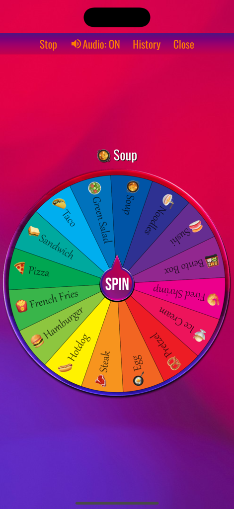 Uma roda de decisão de comida colorida no aplicativo Spin The Wheel selecionando sopa.