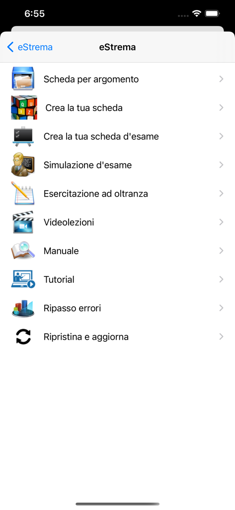 Estrema Patente AB - Main menu of Estrema Patente AB mobile app featuring Italian driving license study tools like exam simulations and video lessons