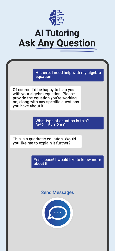 Big Brain - AI Homework Helper - AI tutoring chat interface helping a student with a quadratic algebra equation