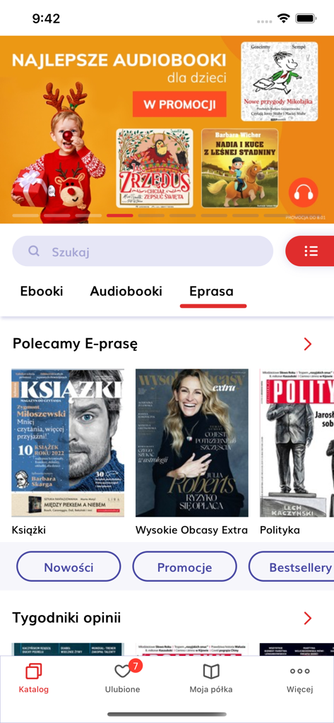 Interface principal do aplicativo móvel Publio apresentando e-books, audiolivros e revistas em língua polonesa