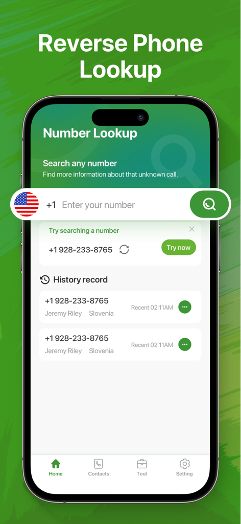 Phone Number Lookup-Caller ID - Mobile app screen for reverse phone number lookup showing search bar and history