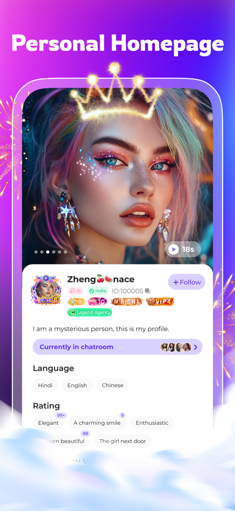 BoloUp-Live&Chat - BoloUp app personal homepage displaying a user profile with status badges and personality ratings