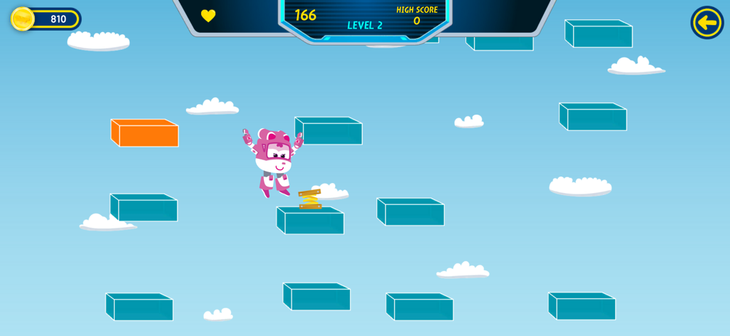 Dizzy de Super Wings saltando sobre plataformas flotantes en un juego de arcade de escalada