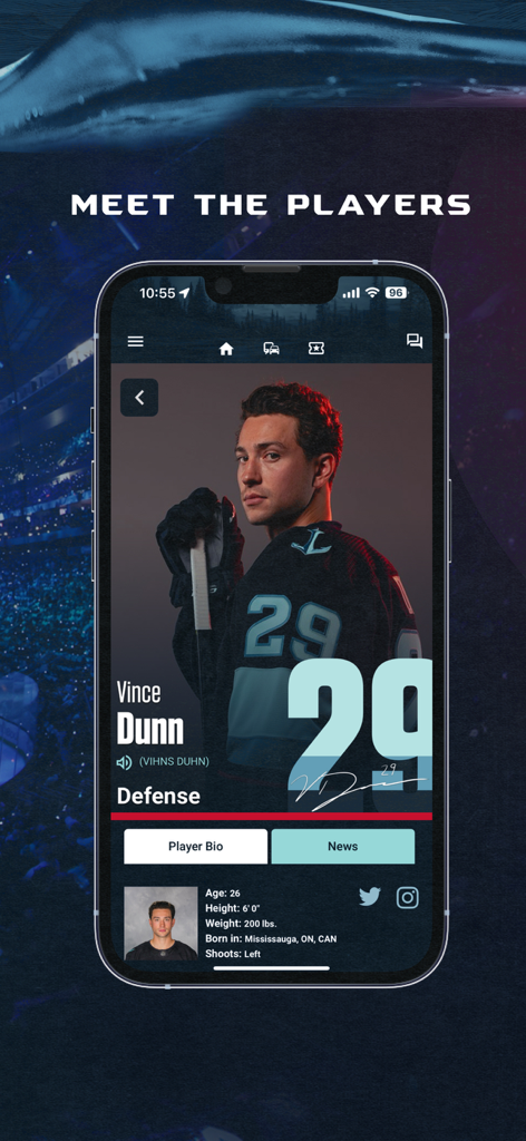 Seattle Kraken - Seattle Kraken mobile app screen showing a player profile for defenseman Vince Dunn with bio and news sections