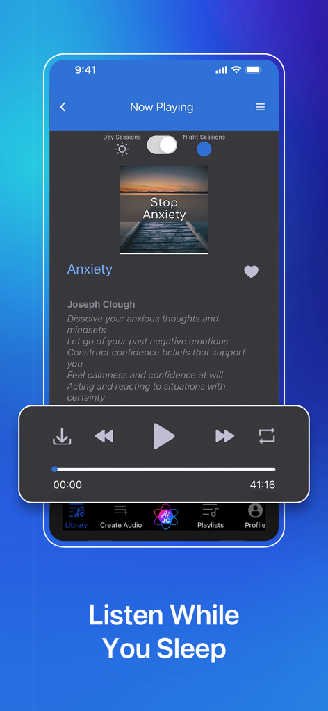 Hypnosis with Joseph Clough - Hypnosis app interface playing a session to stop anxiety with a feature to listen while sleeping