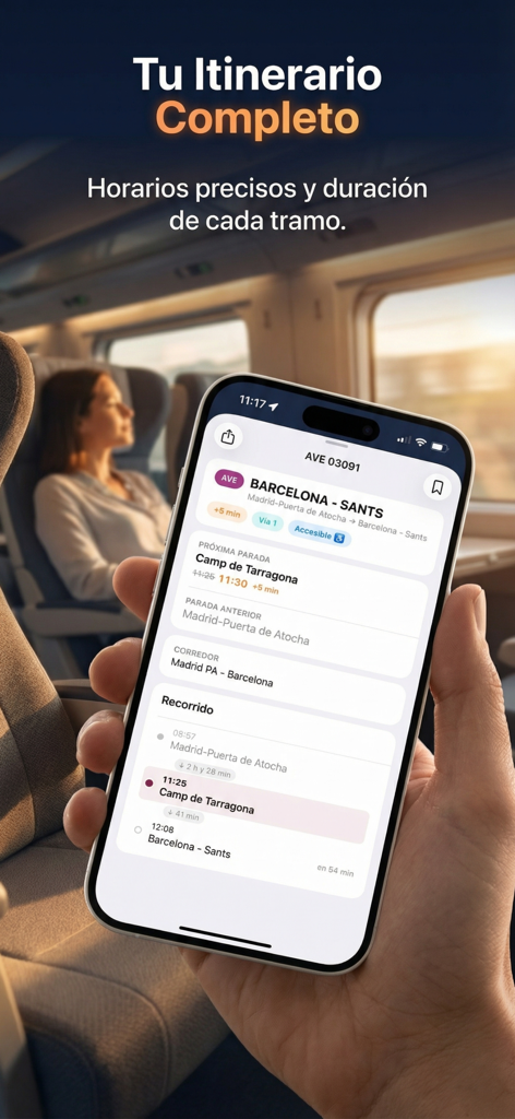 Spain Trains Live Map & Travel - Une personne tenant un iPhone affichant un itinéraire de train complet de Madrid à Barcelone avec des horaires en direct