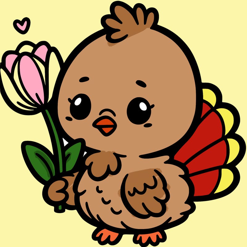 cute baby turkey with a tulip in its mouth
