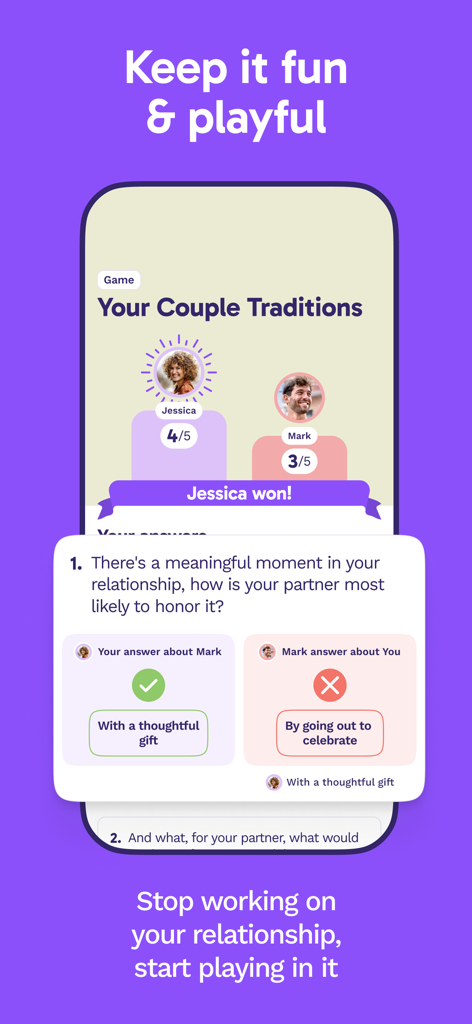 Paired app screen showing a relationship game about couple traditions with scores and a multiple choice question.
