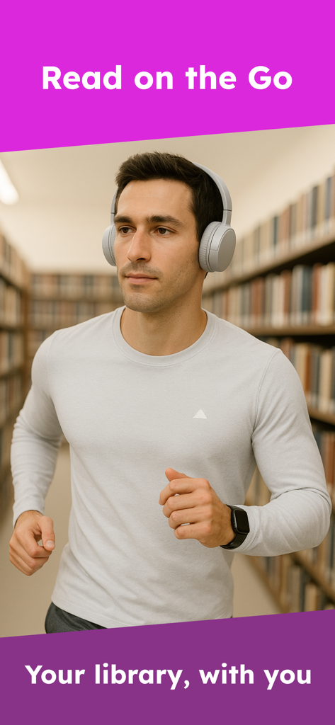 Un hombre trotando mientras usa auriculares y escucha su biblioteca mediante la aplicación Speech Central