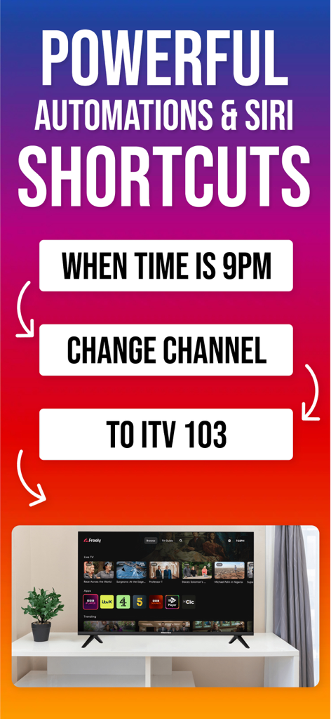 Remote Control for Sky Q - Pantalla promocional de la aplicación Sky Q Remote con accesos directos de Siri y cambio de canal automatizado a las 9 PM