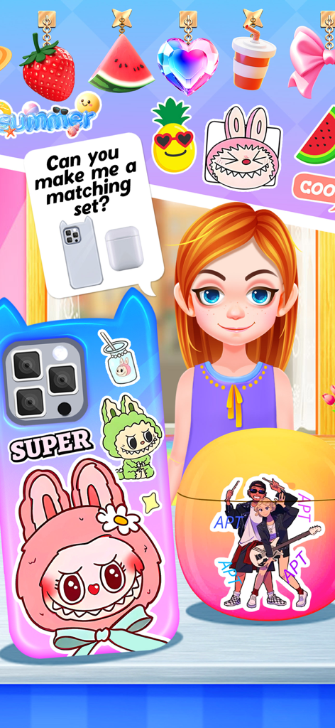 Phone Case DIY - Art Designer - A girl character in the Phone Case DIY app asking to create a matching set for a phone case and earbud case with colorful stickers.
