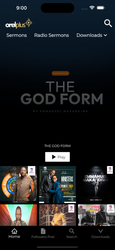 Orel Plus - Startbildschirm der Orel Plus App mit einer Predigt mit dem Titel The God Form von Emmanuel Makandiwa mit Wiedergabetaste und Multimedia-Feed.