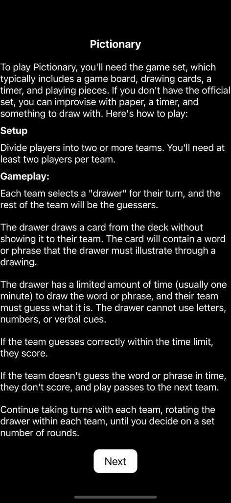 Pictionary Lite - Gameplay instructions and rules screen for the Pictionary Lite app.