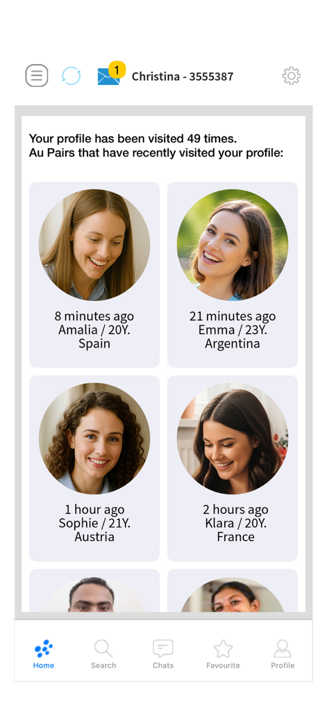 AuPair.com - AuPair app dashboard displaying a list of au pair profiles who recently visited the user profile