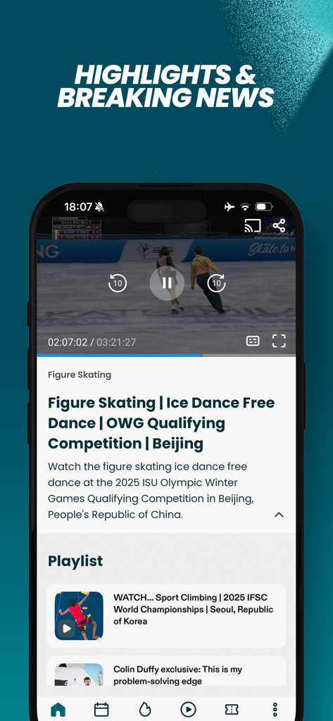 Olympic Games app interface showing a figure skating video player with highlights and breaking news