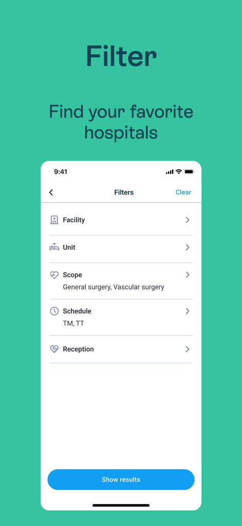 Pantalla móvil que muestra filtros para que los profesionales de la salud encuentren turnos hospitalarios por unidad y horario