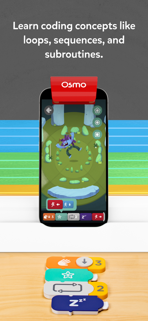 Osmo Coding Jam app showing a character on screen and physical coding blocks on a table used to learn loops and sequences.