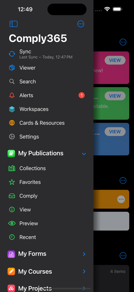 Side navigation menu of the Comply365 mobile app showing sections like My Publications and My Forms.