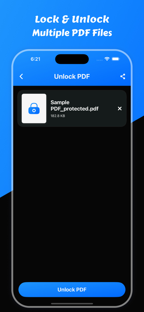 iPhoneで保護されたPDFファイルをロック解除するためのインターフェイス。
