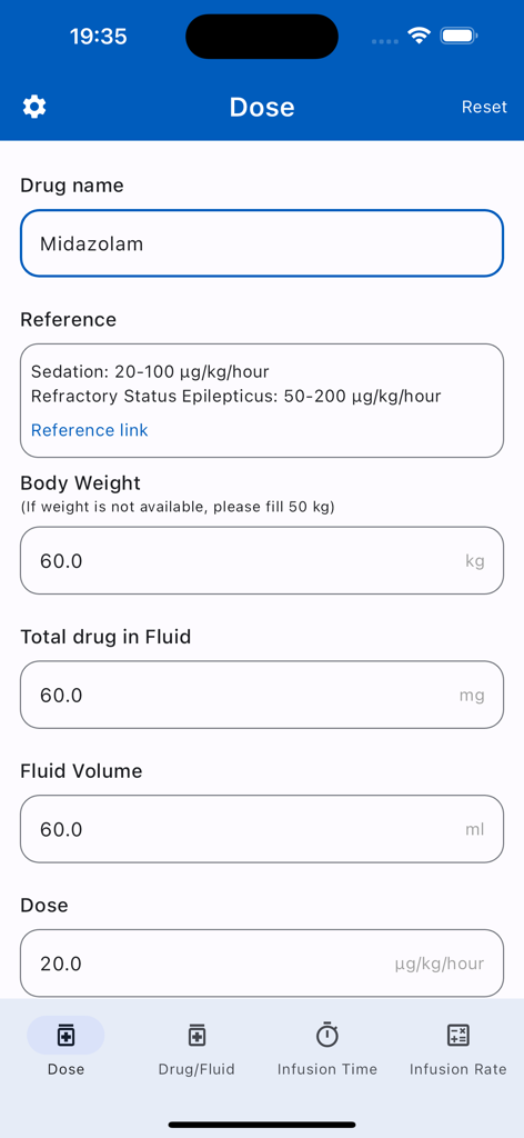 Medical infusion calculator screen displaying drug dose and body weight input fields