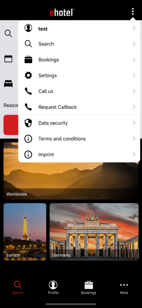 ehotel® hotel booking platform - Main navigation menu of the ehotel hotel booking app showing account, bookings, and settings options