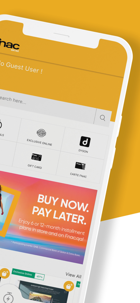 Fnac Qatar - Interface do aplicativo Fnac Qatar exibindo categorias de produtos e opções de parcelamento compre agora pague depois