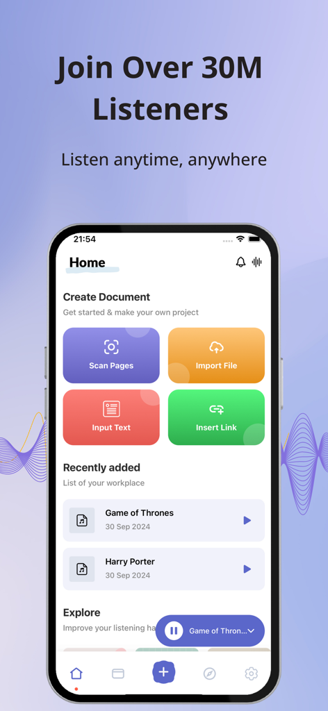AI Reader: Text To Speech - Home screen of the AI Reader app showing options to scan pages, import files, and a library of recently added audiobooks.