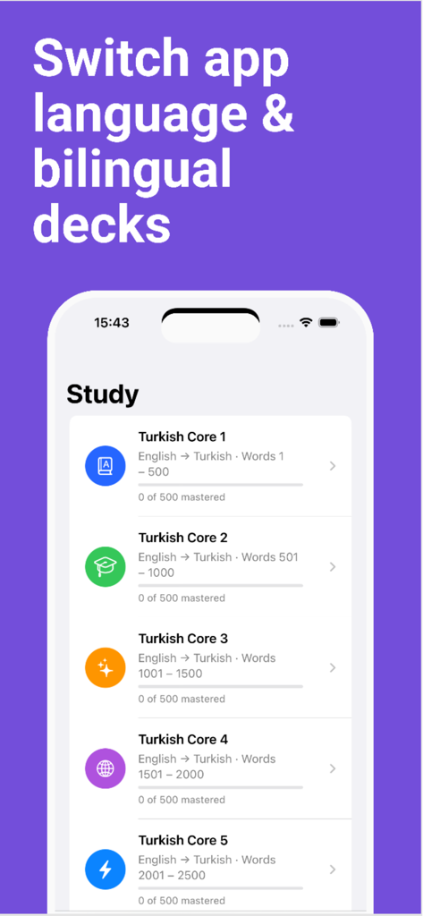 3000 Words Learn English Daily - Mobile app interface showing English to Turkish bilingual vocabulary study decks.