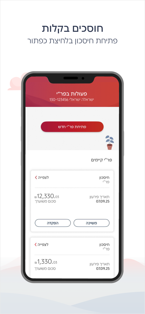 Interface de l'application Bank Hapoalim affichant les comptes d'épargne en shekels israéliens et les outils de gestion.