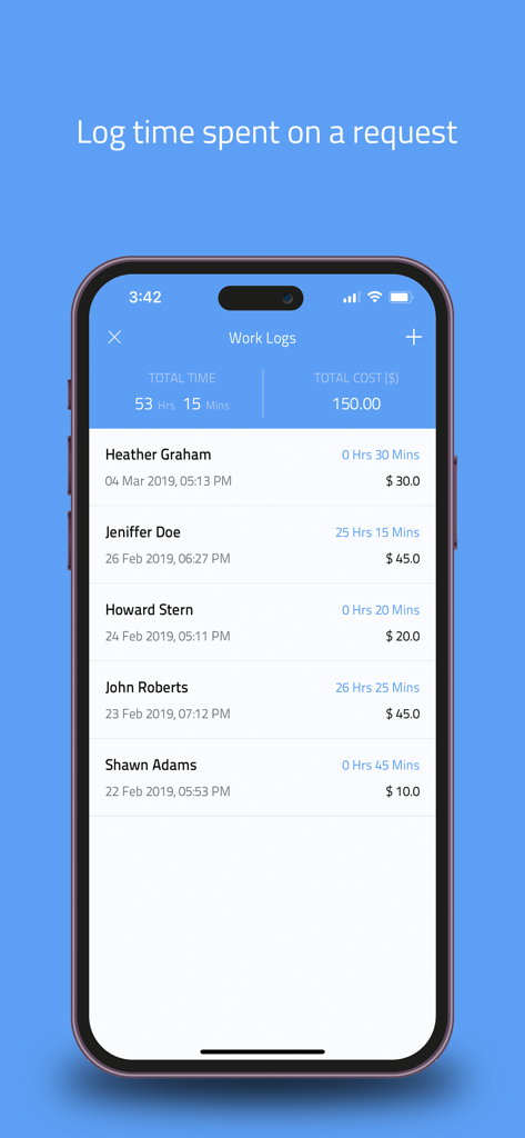 ServiceDesk Plus MSP mobile interface showing work logs and time tracking for IT support requests