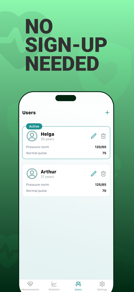 Blood Pressure Log - BPJournal - BPJournal app interface showing multiple user profiles for tracking family health without requiring a sign up