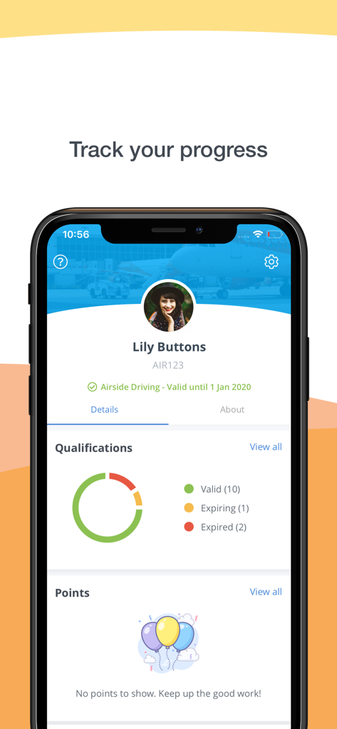 AIRDAT VISA app profile screen showing training qualifications and progress status
