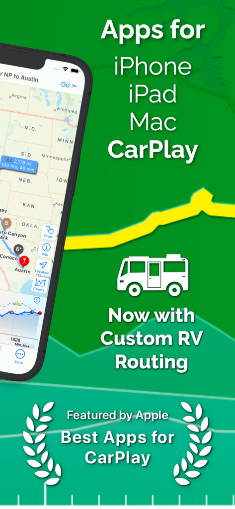 inRoute - Intelligent Routing - Screenshot der inRoute-Navigations-App mit benutzerdefinierter Routenführung für Wohnmobile und ihrer Anerkennung als eine der besten Apps für CarPlay.