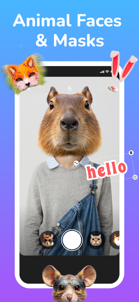Cat Simulator - Сhat Meow - A smartphone interface showing animal face filters and masks with a capybara head on a human body