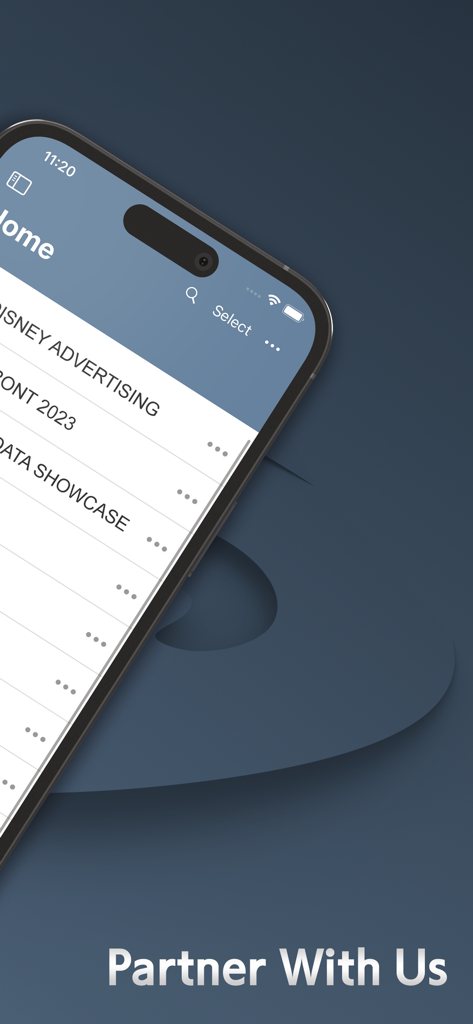 Home screen of the Disney Advertising Sales app featuring Upfront 2023 and Data Showcase sections