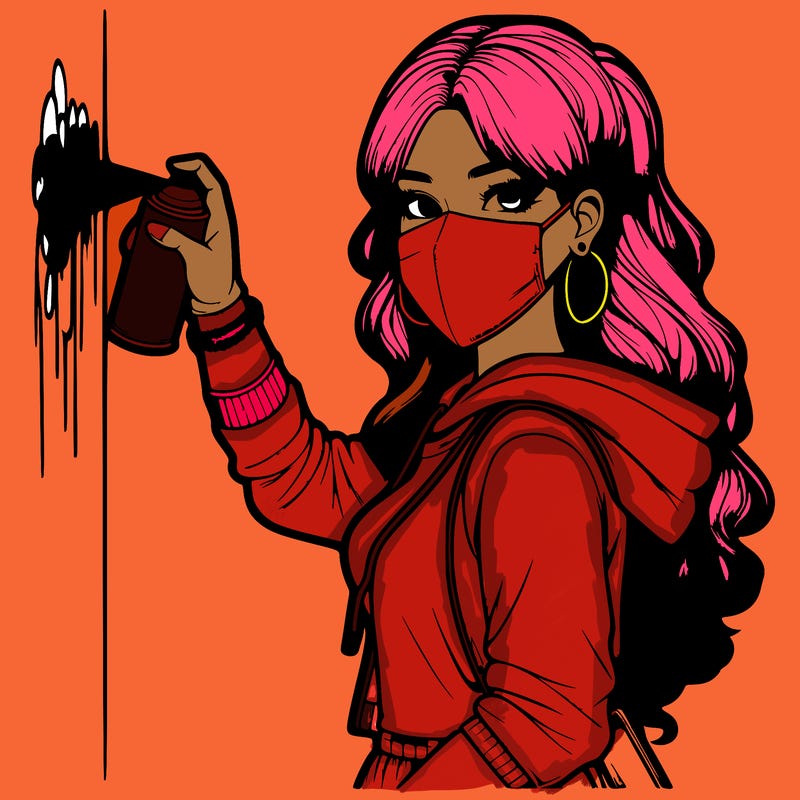 realistic girl with mask spray painting a wall