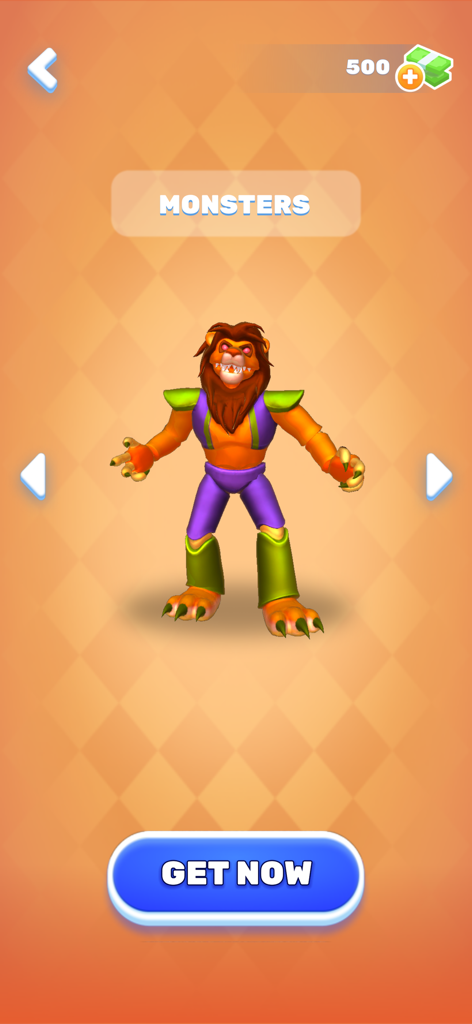A screenshot of the monster selection menu in Kick Monster showing a 3D lion character.
