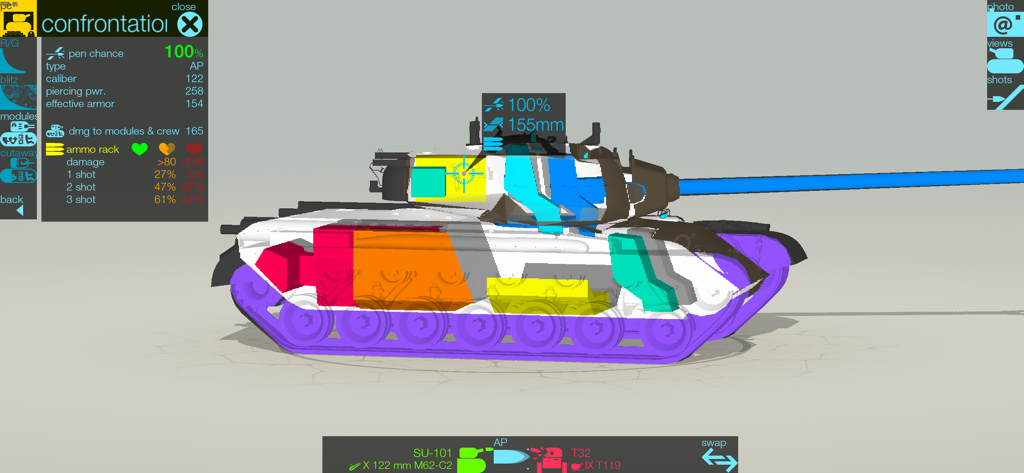 Armor Inspector: WoT PC,Blitz - 3D x-ray view of a tank showing internal modules and armor penetration statistics
