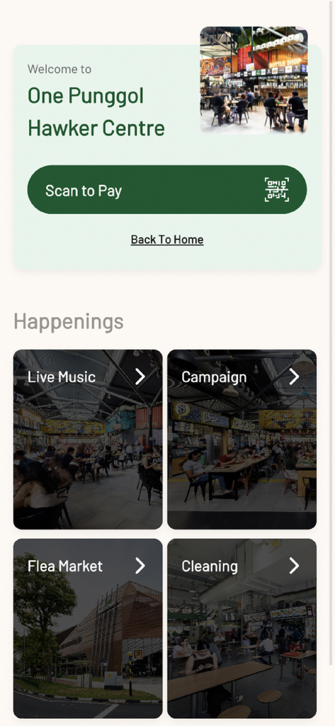 Timbre App interface for One Punggol Hawker Centre showing scan to pay button and a happenings section with live music and flea market events