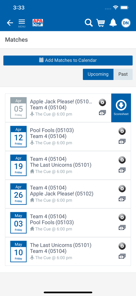 Calendrier des prochains matchs dans l'application APA Pool League indiquant les noms des équipes, les dates et les lieux.
