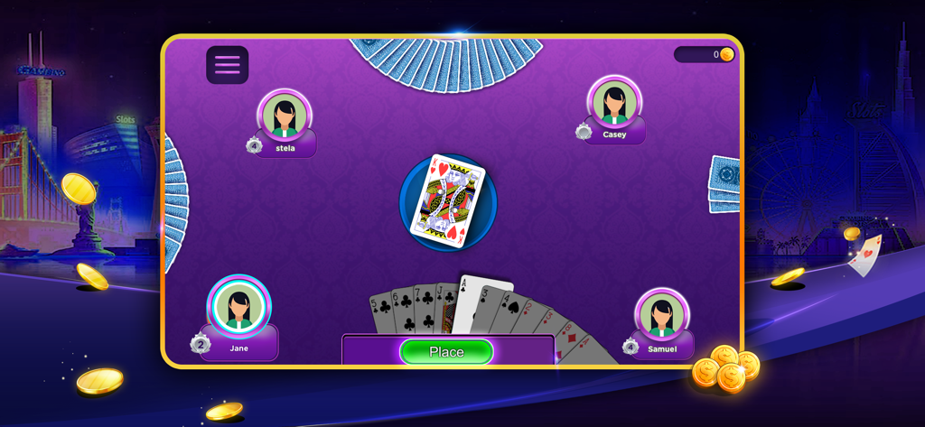Multiplayer gameplay screen of Bhabhi card game showing four players at a digital table.