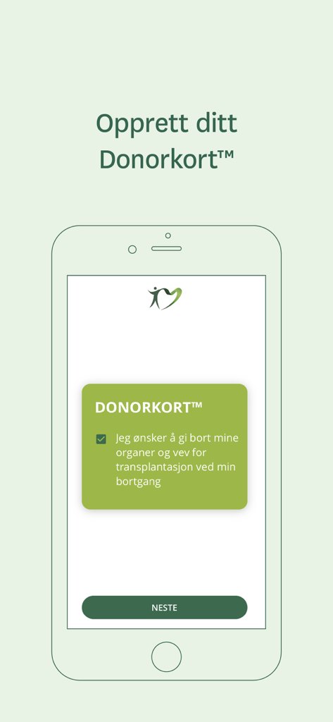 Donorkort - Smartphone screen showing the Donorkort app interface for creating a digital organ donor card