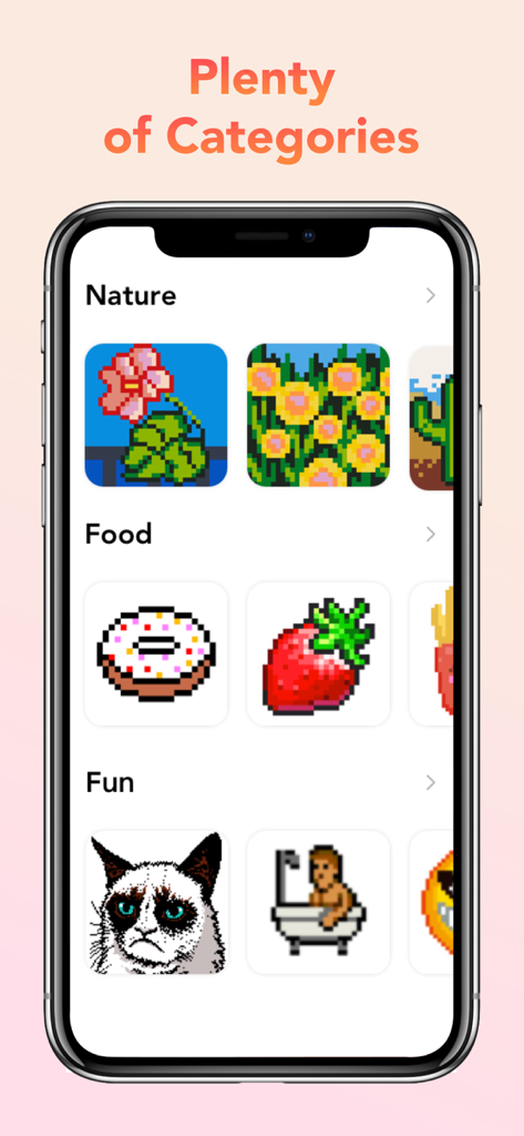 Pixel Art Book：Color By Number - Pixel Art Book app interface showing multiple coloring categories like nature and food