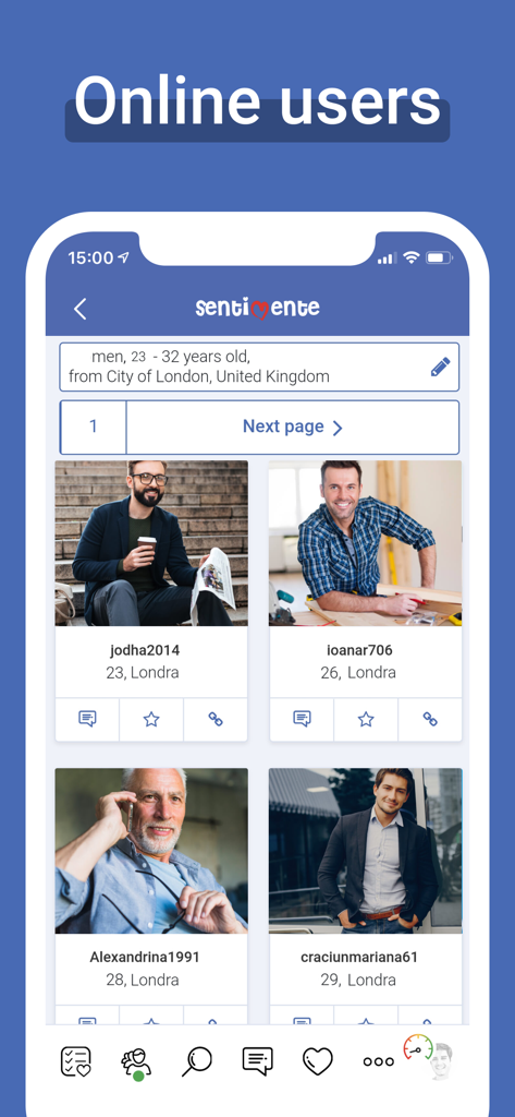 A screenshot of the Sentimente dating app interface showing a list of online male profiles with names, ages, and locations.