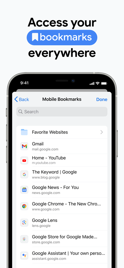 App Google Chrome che visualizza i segnalibri mobili sincronizzati su un iPhone