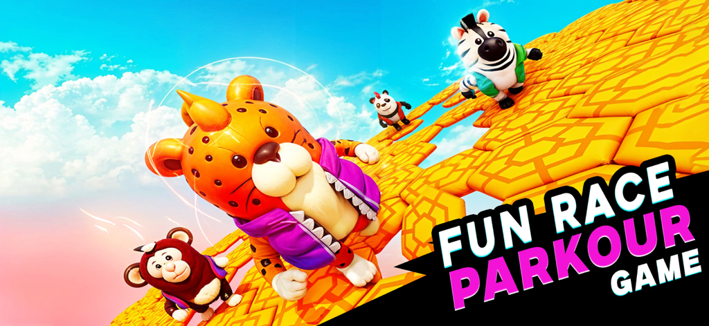 Personnages animaux mignons comme un guépard et un zèbre faisant la course sur un parcours d'obstacles hexagonal dans le ciel